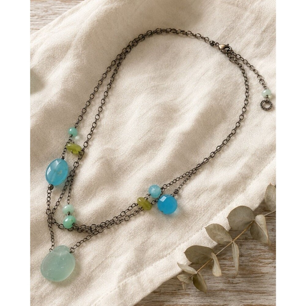Vintage Y2K Boho Layered Chain Necklace Aqua Green Beads Artisan Statement